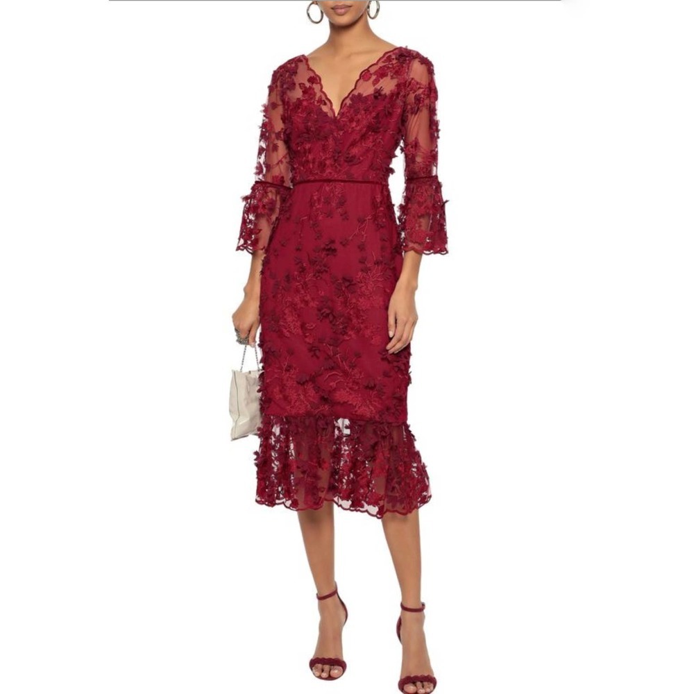 Marchesa Notte Embroidered Midi Dress Red Sheer Sleeves 3d Floral Lace Sz 4